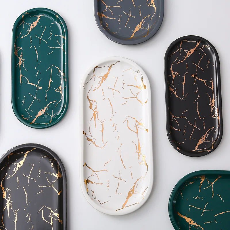 Nordic Ceramic Marble Oval Tray – Jewelry Storage, Soap Holder & Bathroom Decor with Golden Wave Design