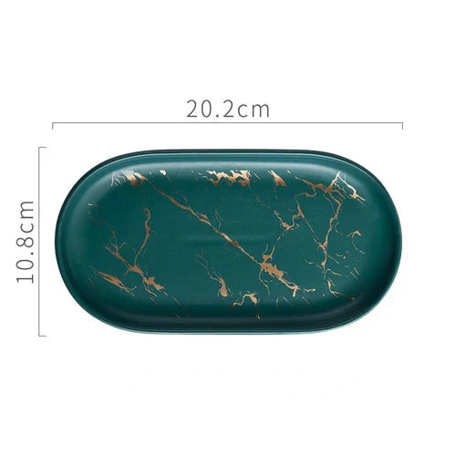 Nordic Ceramic Marble Oval Tray – Jewelry Storage, Soap Holder & Bathroom Decor with Golden Wave Design