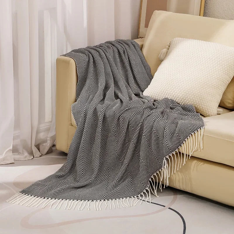 Nordic Stripes Cotton Throw Blanket for Sofa – Lightweight, All-Season Cozy Couch Cover