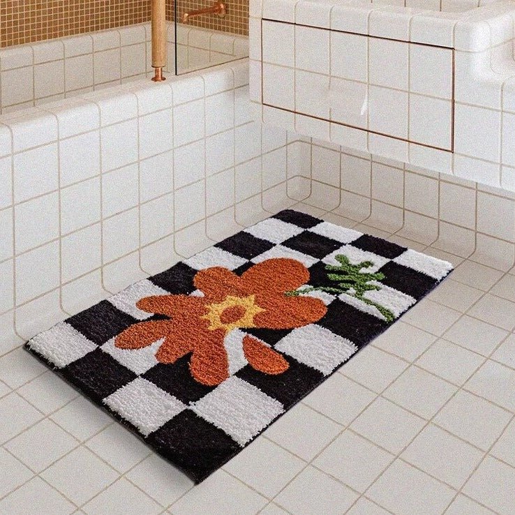 Fluffy Non-Slip Chessboard Bath Mat with Diamond Design Carpet