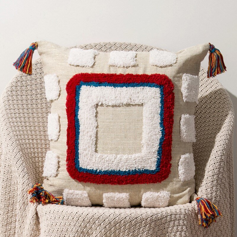 Handcrafted Moroccan Boho-Chic Cushion Cover with Wool Tassels
