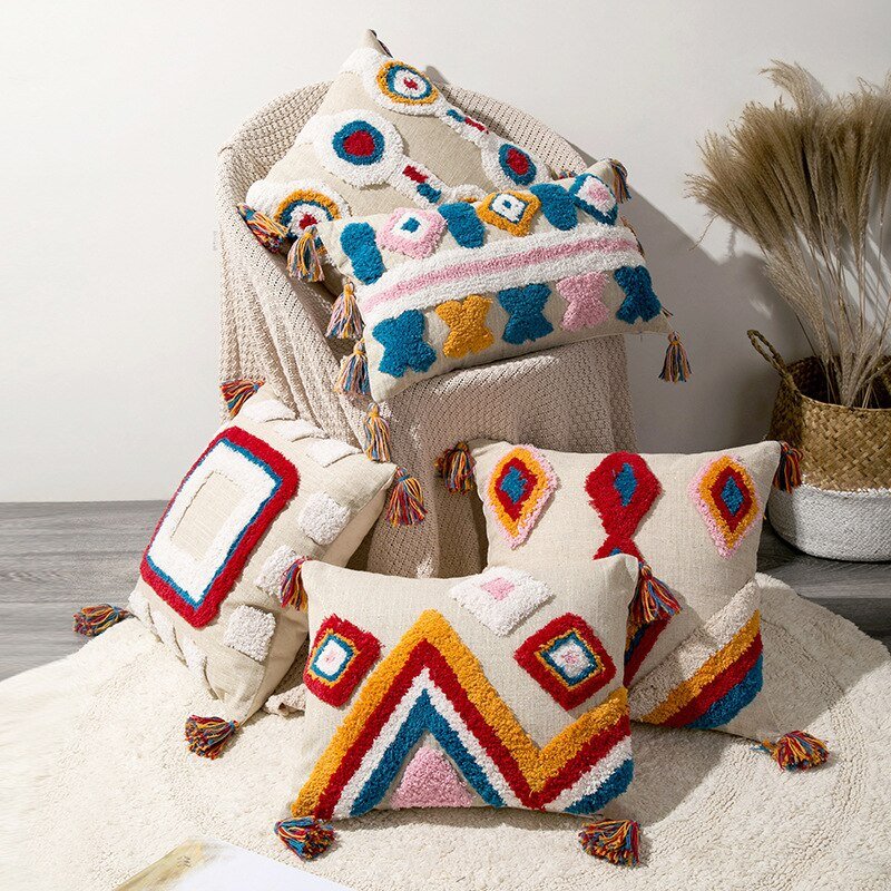 Handcrafted Moroccan Boho-Chic Cushion Cover with Wool Tassels