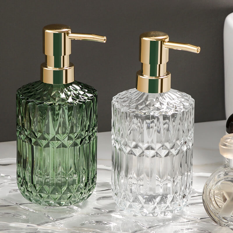 Diamond Pattern Glass Soap Dispenser 390ml Elegant Home Decor