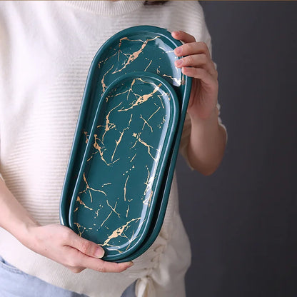Nordic Ceramic Marble Oval Tray – Jewelry Storage, Soap Holder & Bathroom Decor with Golden Wave Design