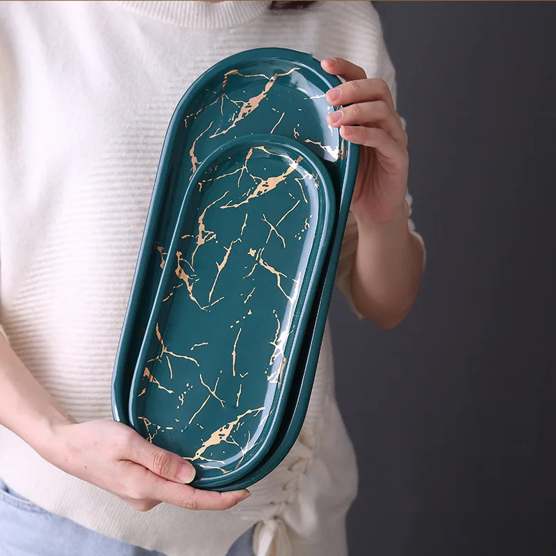 Nordic Ceramic Marble Oval Tray – Jewelry Storage, Soap Holder & Bathroom Decor with Golden Wave Design
