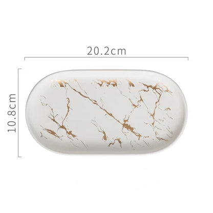 Nordic Ceramic Marble Oval Tray – Jewelry Storage, Soap Holder & Bathroom Decor with Golden Wave Design