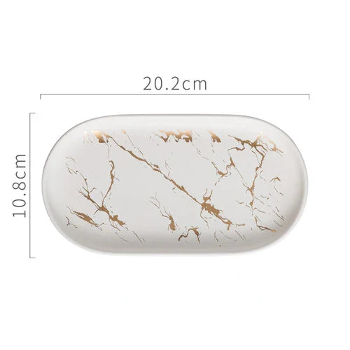 Nordic Ceramic Marble Oval Tray – Jewelry Storage, Soap Holder & Bathroom Decor with Golden Wave Design
