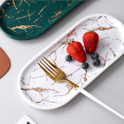 Nordic Ceramic Marble Oval Tray – Jewelry Storage, Soap Holder & Bathroom Decor with Golden Wave Design