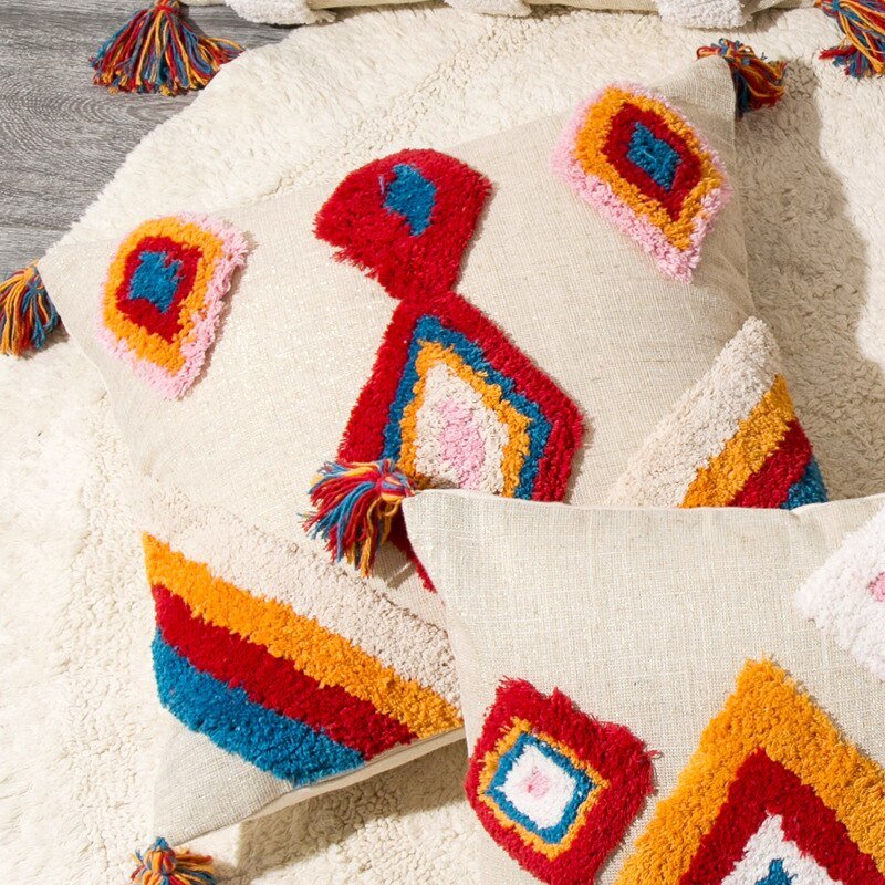 Handcrafted Moroccan Boho-Chic Cushion Cover with Wool Tassels