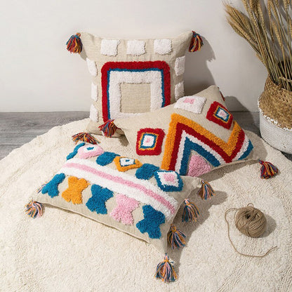 Handcrafted Moroccan Boho-Chic Cushion Cover with Wool Tassels