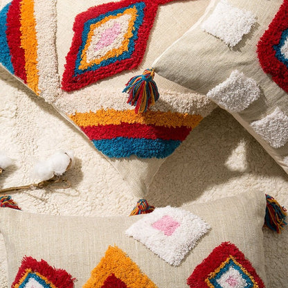 Handcrafted Moroccan Boho-Chic Cushion Cover with Wool Tassels