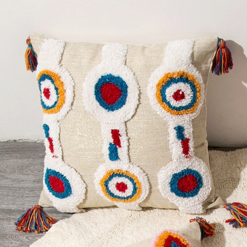 Handcrafted Moroccan Boho-Chic Cushion Cover with Wool Tassels