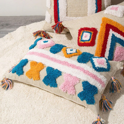Handcrafted Moroccan Boho-Chic Cushion Cover with Wool Tassels