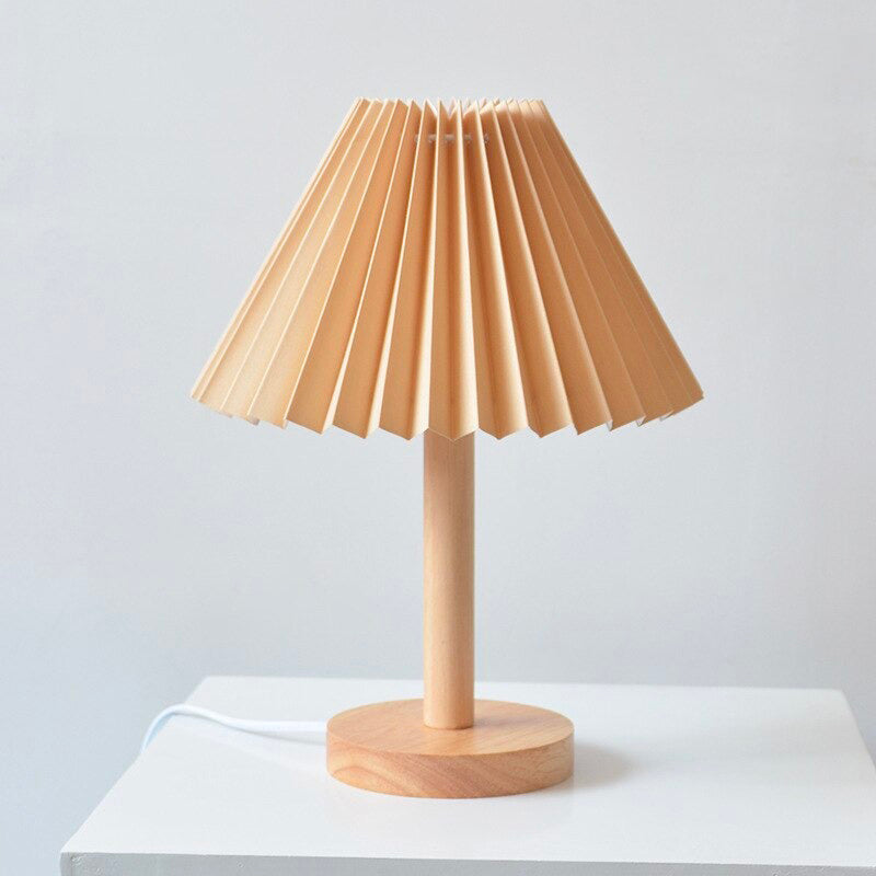 Vintage Wood Bedside Lamp with Folded Shade and Retro Wall Light Design