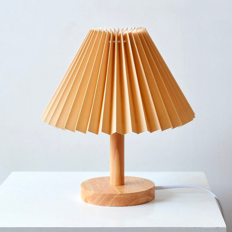 Vintage Wood Bedside Lamp with Folded Shade and Retro Wall Light Design